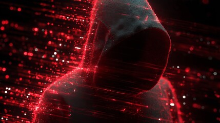 A mysterious figure cloaked in a dark hoodie surrounded by dynamic red light streaks.