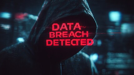 A mysterious figure in a dark hoodie against a glitchy digital background, with 'DATA BREACH DETECTED' prominently displayed.