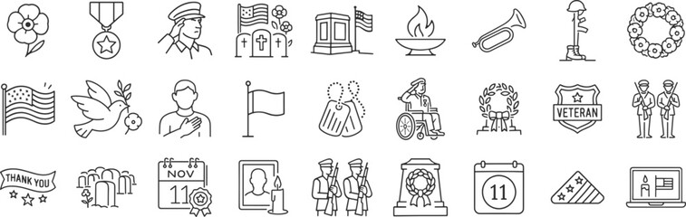 Veterans Day and Remembrance Day military tribute icons in linear vector illustration set, including saluting soldier, poppy flower, memorial wreath, folded flag and military graveyard.