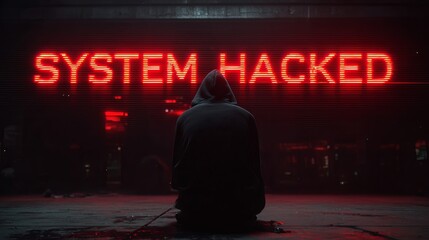 A hooded figure sits in shadow, illuminated by a glaring red 'SYSTEM HACKED' sign, creating a tense, cyberpunk atmosphere.