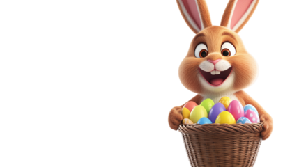 • A happy Easter bunny with a basket of colorful eggs, isolated on white background in HD 