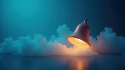 Illuminated bell resting on soft clouds in a gradient of blues and oranges.