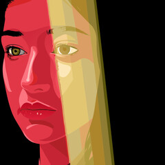 Portrait of a young woman, shot in shadows, with a vertical beam of light projected onto her eye