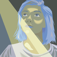 Portrait of a young woman, shot in shadows, with a vertical beam of light projected onto her eye