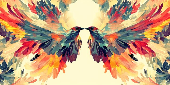 Colorful painting of two birds with their wings spread out. The painting is full of vibrant colors and has a sense of freedom and joy