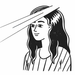 Portrait of a young woman, shot in shadows, with a vertical beam of light projected onto her eye