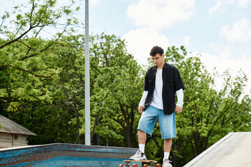 Young man skateboarding at a park on a sunny day with trees in the background