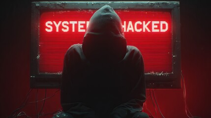 A mysterious figure in a hoodie sits in front of a retro TV displaying 'SYSTEM HACKED,' evoking a sense of intrigue and tension.