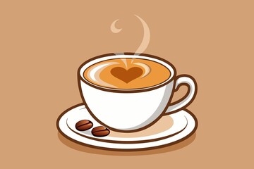 Coffee Cup with Heart Shaped Foam and Coffee Beans Illustration