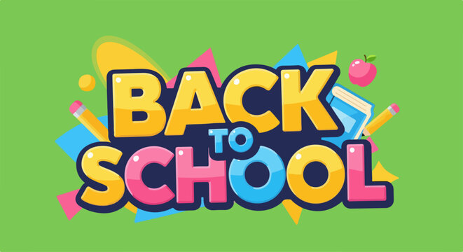 Colorful Back to school greeting with books, apple, and pencils on green background. Festive Back to school season with geometric shapes celebrating knowledge and learning.