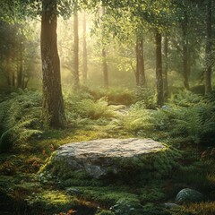 Obraz premium Forest scene with a large rock in the middle of the grass