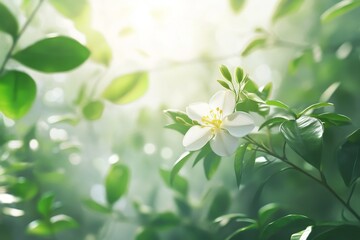 White flower is in the foreground of a green background. The flower is surrounded by leaves and the sunlight is shining on it, making it look bright and beautiful