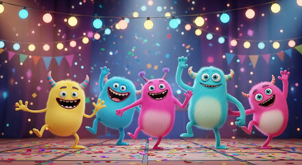 Four colorful, furry cartoon monsters dance joyfully at a monster mash. This vibrant and energetic party scene is filled with confetti and festive lights.