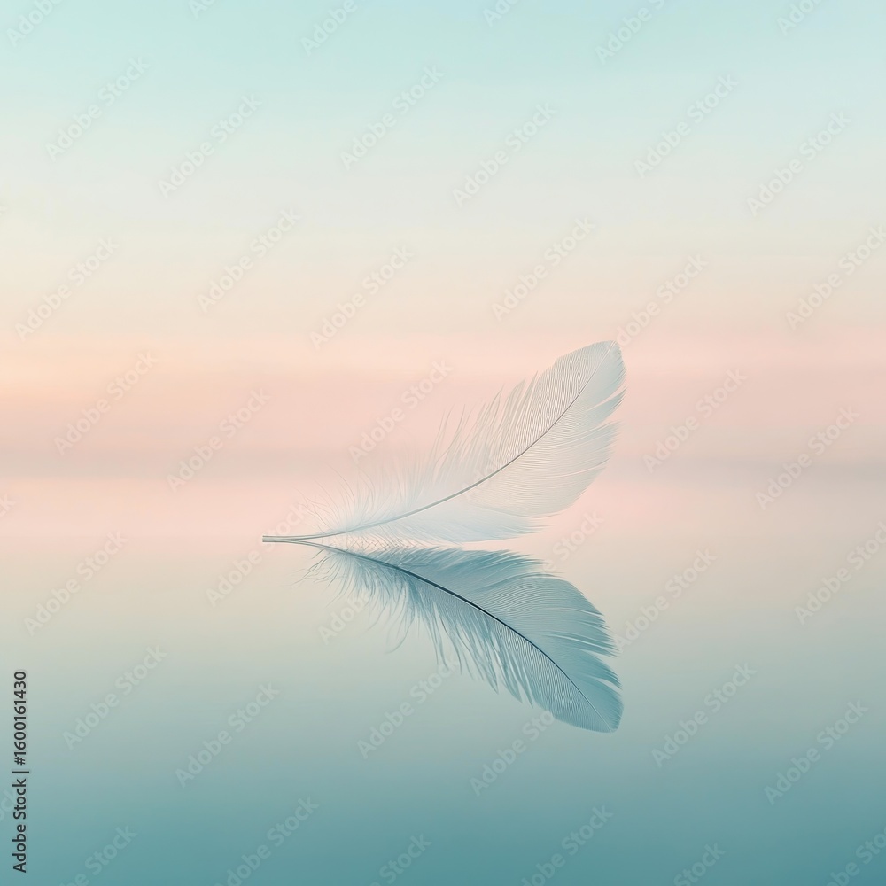 Aufkleber feather is floating on the surface of a calm body of water. the feather is white and he is a reflect