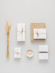 Minimalist gift wrapping ideas white boxes twine wheat neutral aesthetic flat lay gifts
