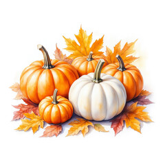 Ripe pumpkin and autumn leaves. Watercolor digital illustration. cozy composition of vegetables and foliage, isolated on a white background