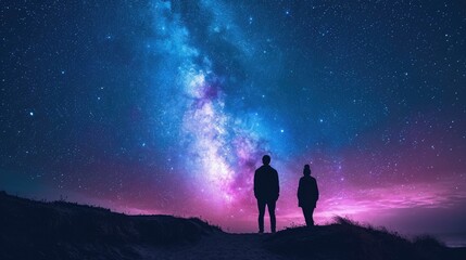 Fototapeta premium A couple looking at the Milky Way, Silhouette of two people standing and looking to the stars during night.