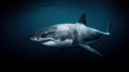 Fototapeta premium Great white shark in blue ocean. Underwater.