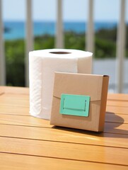 Stock photo of toilet paper roll and small package on a wooden table outdoors view