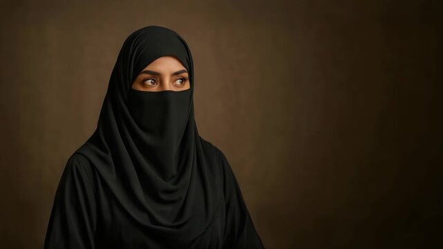 Close-up portrait of a Saudi Arabian Muslim woman wearing a black abaya and niqab, only expressive eyes visible, looking into the camera.