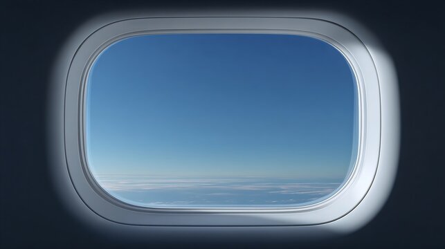 Captivating airplane window view of cloudscape and vibrant blue sky during a flight
