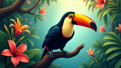 Toucan perched on a branch amidst lush tropical flora.