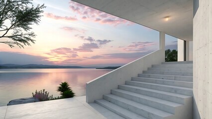 Modern white staircase overlooking a serene lake at sunset