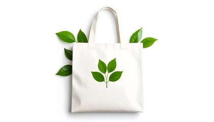 Eco-Friendly Tote Bag with Green Leaf Design and Fresh Leaf Accents on White