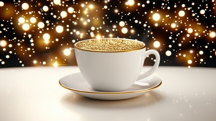 White Teacup with Gold Rim on Saucer Against Sparkling Golden Bokeh Background