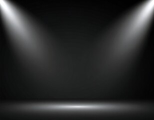 Studio shot with dual spotlights shining down on a dark gray background and a reflective floor