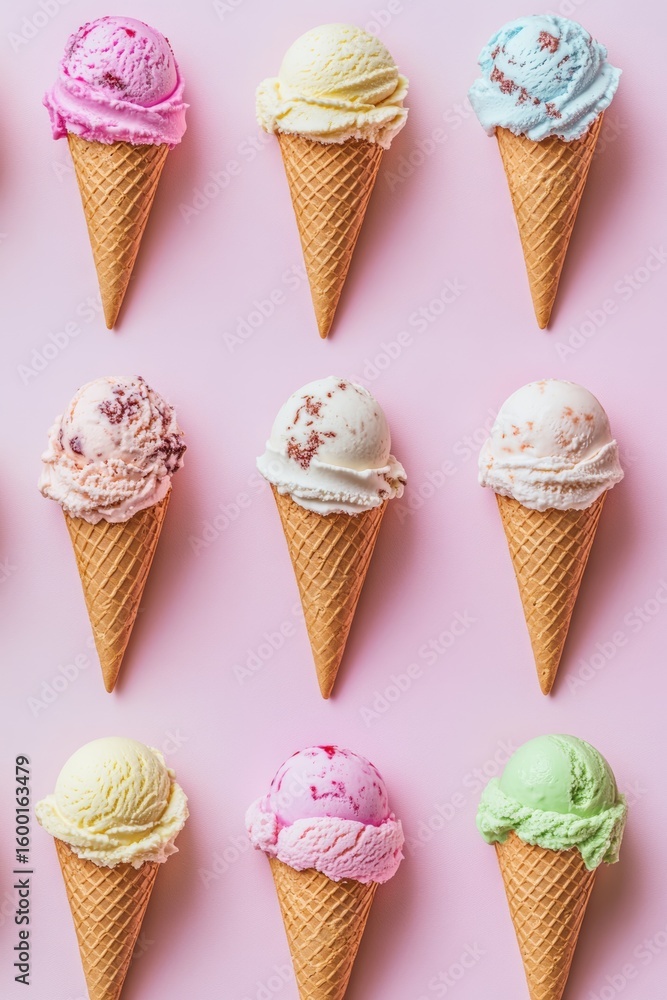 Poster row of ice cream cones in a row, each with a different flavor