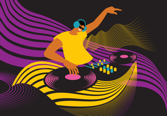 DJ spinning tunes, vector illustration, summer music party poster, music fest banner, beach party flyer design	
