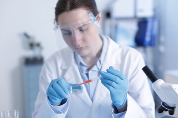 Scientist working with sample in Petri dish in laboratory, selective focus