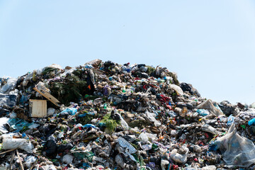 Piles of plastic and various waste materials fill the landfill under a clear blue sky. Littered debris and garbage are visible throughout