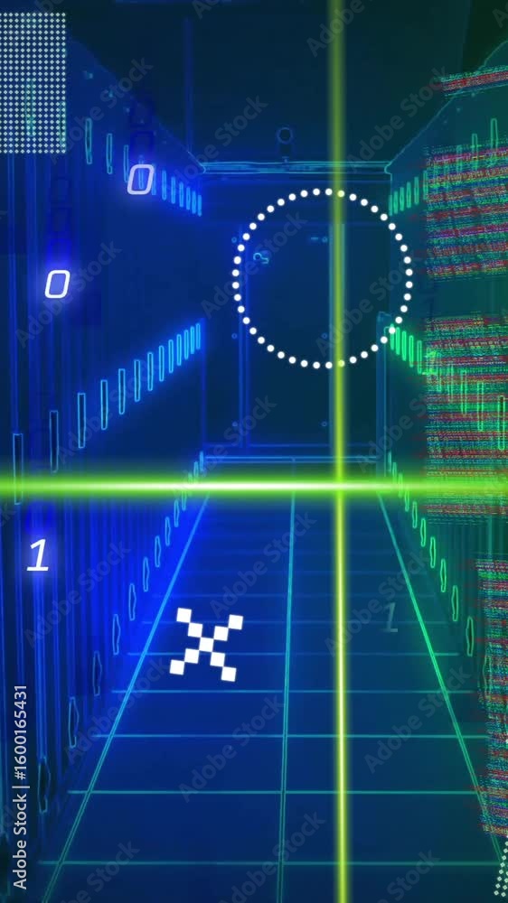 Poster animation of rotating shapes, green scanner beams and processing data over server room