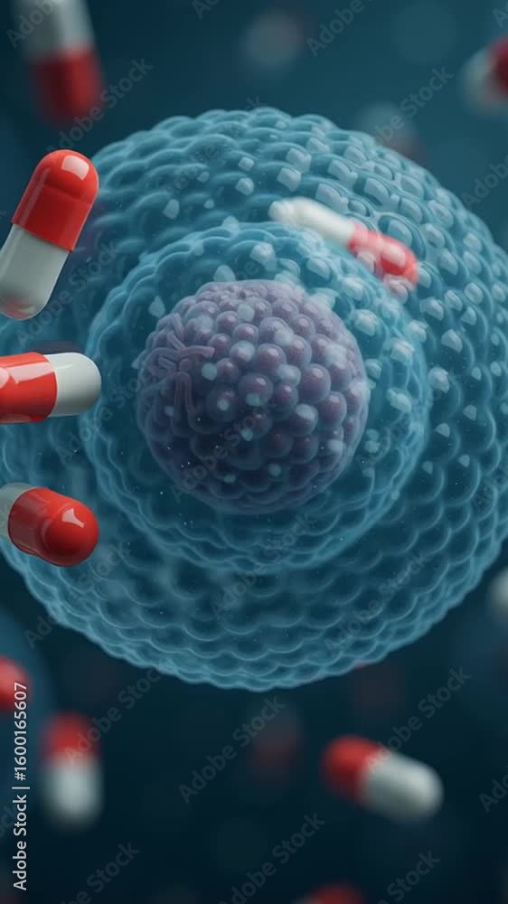 Poster medication capsule pill targeting cell with red white blue colors illustrating advanced medical trea