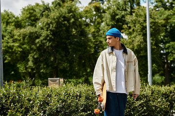 Young man enjoying a leisurely moment at the park while holding his skateboard