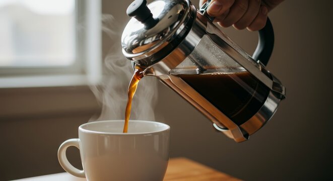 Hand of a man pouring hot, steaming coffee from a french press pot into a white mug. Morning drink for home brewing. - Powered by Adobe