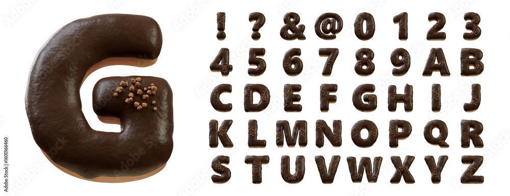 Poster 3d font.chocolate biscuit donut font concept. isometric alphabet. numbers and letters. 3d rendering 