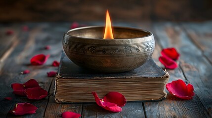 A bronze bowl an old book and rose petals on a wooden surface