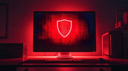 A computer monitor with a red screen and a security shield