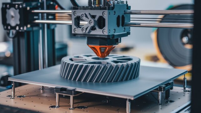 3d printing a metal gear, close-up.