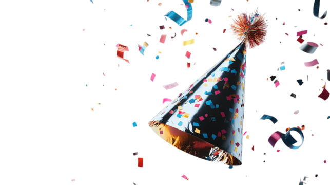 • A New Year’s Eve party hat with confetti and streamers, isolated on white background in HD 