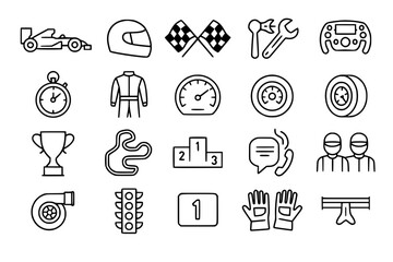 Formula 1 Racing and Motorsport Line Icons Set - F1 Car, Checkered Flag, Racing Helmet, Podium, Trophy, Track Circuit, Racing Equipment Vector Collection for Sports and Automotive Design