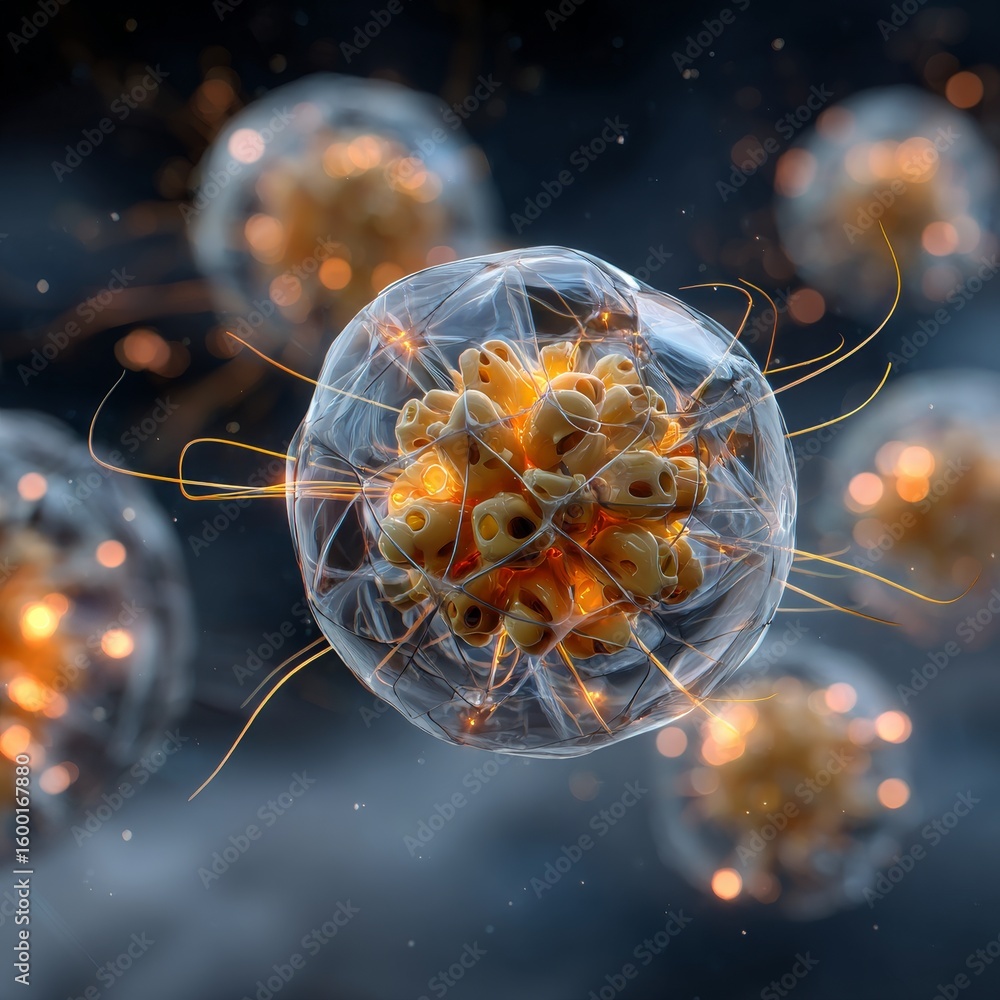 Poster nanotechnology in action abstract swarm of nanobots reshaping cellular nuclei digital conceptual art