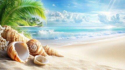 Shell on sand and summer time