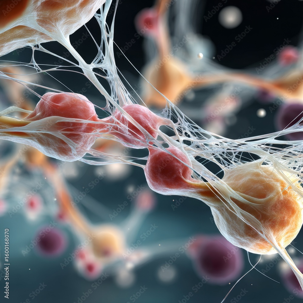 Poster exploring biocompatible nanotechnology in science abstract cells and nucleus innovations in technolo