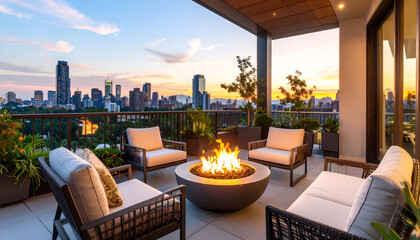 Cityscape Rooftop Fire Pit Lounge.