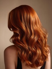 Fototapeta premium a woman viewed from behind with mid-back fiery copper red hair styled in loose, flowing waves