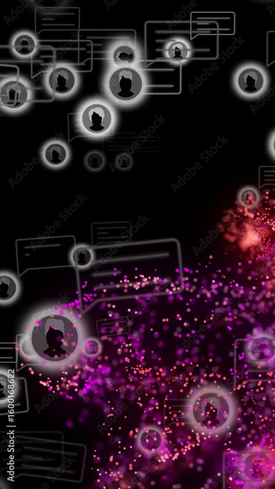 Poster animation of digital communication icons with glowing particles forming network on black backdrop